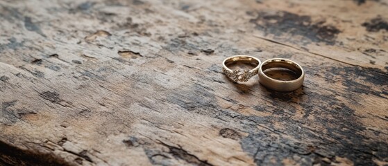 Two wedding rings rest on a rustic wooden surface, symbolizing eternal love and commitment in their simple yet profound connection.