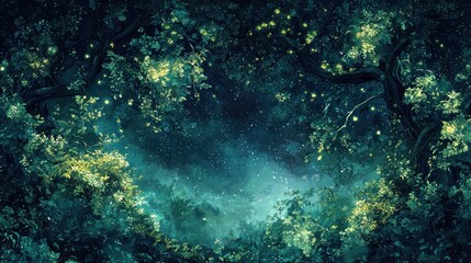 Fototapeta premium Magical forest at night with glowing fireflies.