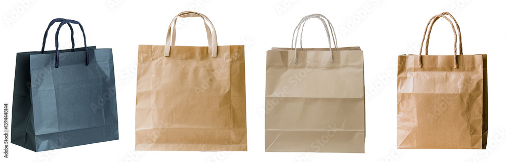 Poster Minimalist isolated mockups of various paper shopping bags with distinct colors and designs