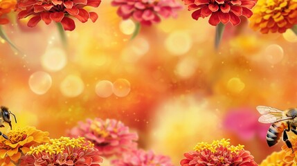 Obraz premium A close-up photo of several flowers with a bee hovering over them, surrounded by a blurry backdrop