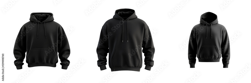 Poster minimalist mockups of black hoodies showcasing front and back designs with various angles in a clean