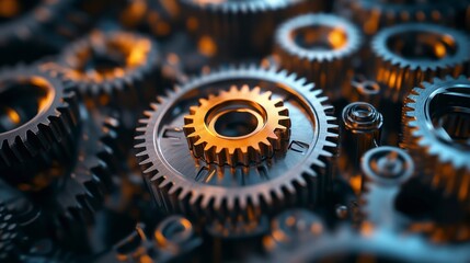 Close-Up View of Interlocking Metal Gears with Dynamic Lighting Effects