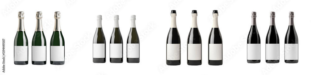 Poster minimalist mockups of champagne bottles in various arrangements on a clean, white background showcas