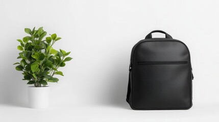 Black backpack and plant on white background