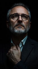 Obraz premium A contemplative middle-aged man with salt and pepper beard and glasses looks upward in a dramatic low-key portrait against a black background wea a dark suit and white shirt.