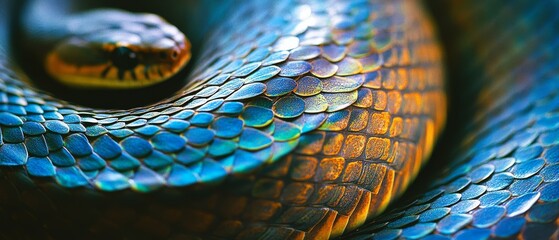 Fototapeta premium A close-up view of a vibrant snake with iridescent scales, curled elegantly with detailed patterns and textures.