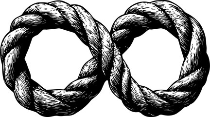 Detailed black and white illustration of an infinity symbol formed by a twisted rope knot. Represents connection, strength, eternity, and nautical or rustic themes.