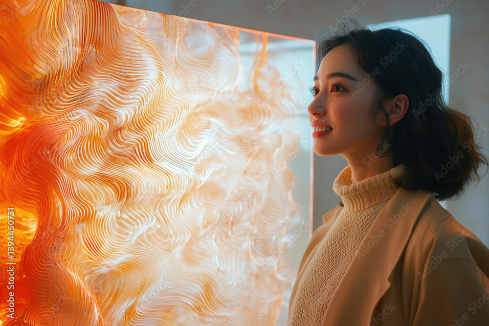 Aufkleber Smiling woman looks at an illuminated orange and white abstract art installation with layered, wave-like patterns in a gallery.
