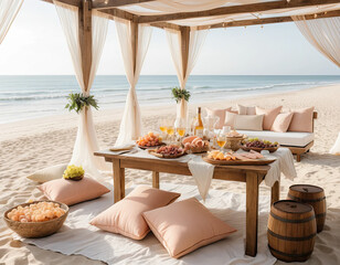 Luxury beach picnic setup with seafood, wine, and pastel cushions under wooden canopy, elegant seaside dining scene with soft light and tranquil ocean view