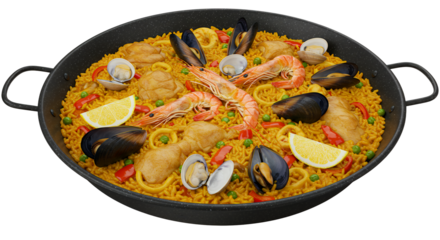 Vibrant seafood paella dish full of fresh ingredients and textures
