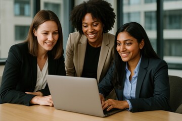Diverse women collaborating on laptop.