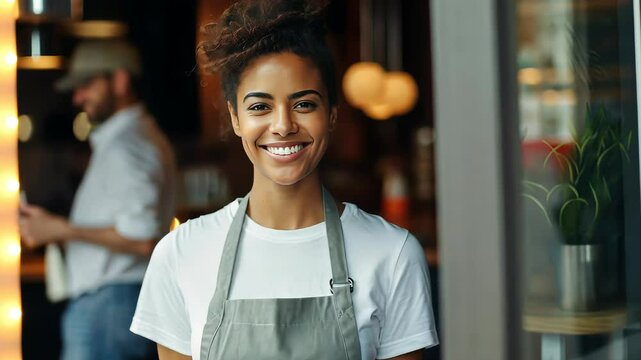 Portrait of a happy owner standing at the door of cefe shop, a cheerful adult waiter waiting for customers at a coffee shop, successful small business owner, professional, service
