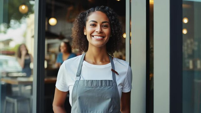 Portrait of a happy owner standing at the door of cefe shop, a cheerful adult waiter waiting for customers at a coffee shop, successful small business owner, professional, service
