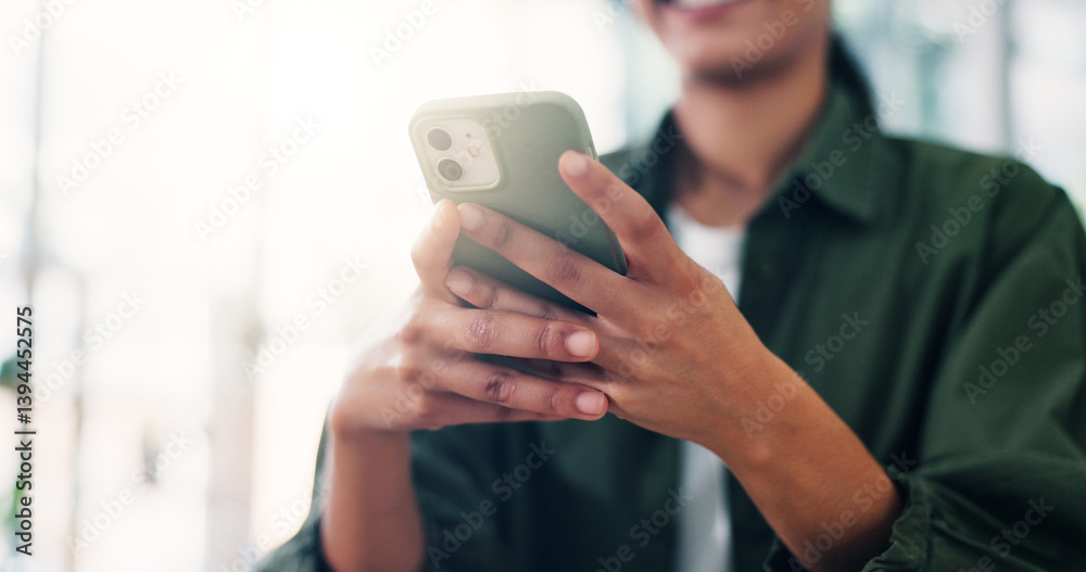 Poster closeup, hands and typing with phone in home for text message, social network and online search. per