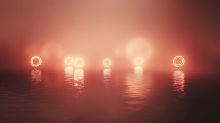 Floating radiant circles on a muted coral surface, Glowing spherical shapes creating a delicate, calming design