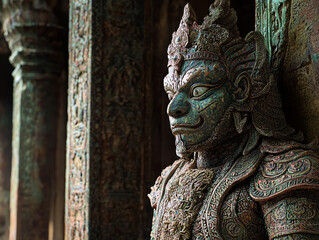 A weathered ornate statue of a fierce-looking deity stands guard within a shadowed ancient temple, its intricate carvings deeply etched into its bronze-green surface.