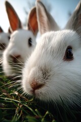 Obraz premium A close-up image featuring an adorable white rabbit resting in a vibrant green lawn under a clear blue sky.