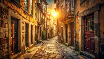 Fototapeta premium Charming Narrow Cobblestone Alleyway in Porto Portugal A Vintage Street Scene of Architectural Beauty and History