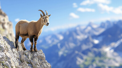 Obraz premium mountain goat expertly climbing rocky ledge, showcasing its agility and strength against stunning mountainous backdrop