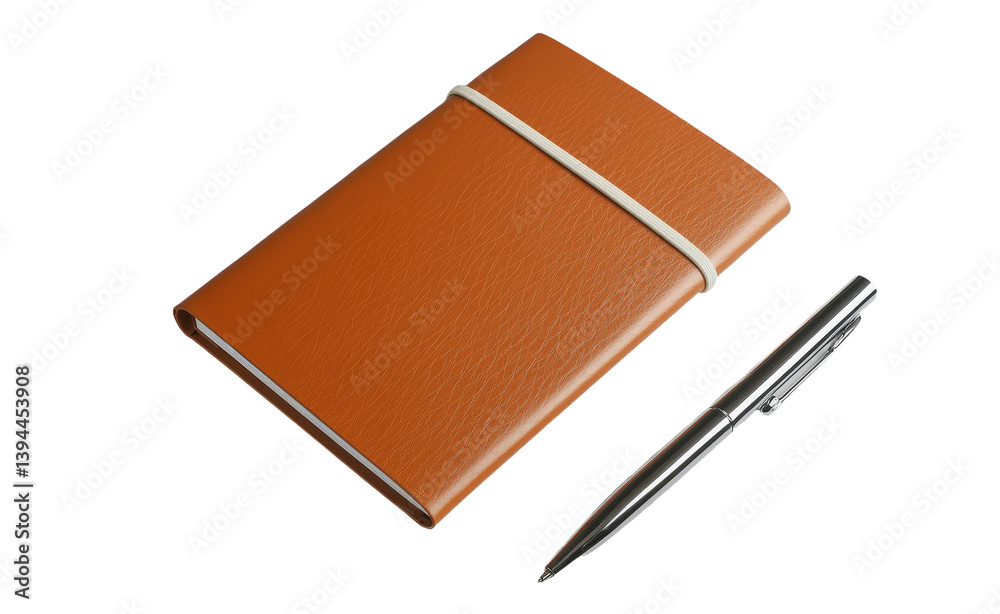 Poster minimalist mockup featuring a sleek brown notebook and a silver pen on a white background, showcasin