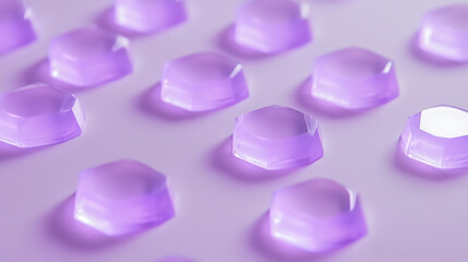 Floating radiant hexagons on a pale lavender surface, Glowing geometric shapes creating a peaceful, minimalist design