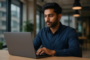 Focused professional working laptop
