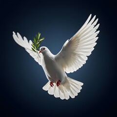 Fototapeta premium White dove, a symbol of peace and hope, with its wings in flight across the blue sky