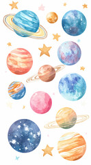 High-resolution watercolor clipart of planets, in pastel colors, for a children's book