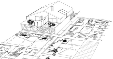 Fototapeta premium house architectural project sketch 3d illustration 