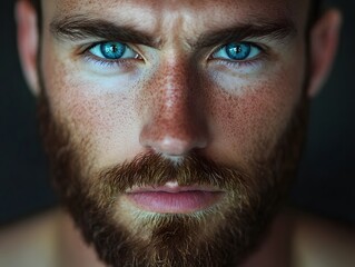 Obraz premium Man with a beard and blue eyes is the subject of the image. The man's beard is visible and his eyes are a striking shade of blue. The image captures the man's facial features