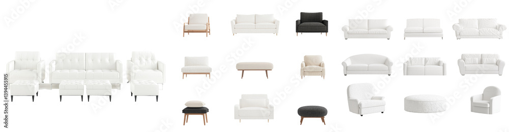 Aufkleber minimalist furniture mockups featuring various white sofas and armchairs arranged in a clean, modern