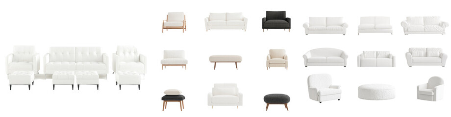 Fototapeta premium Minimalist furniture mockups featuring various white sofas and armchairs arranged in a clean, modern layout on a neutral background
