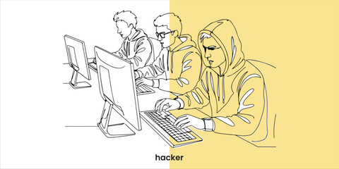 hackers continuous single line art drawing sketch on white background