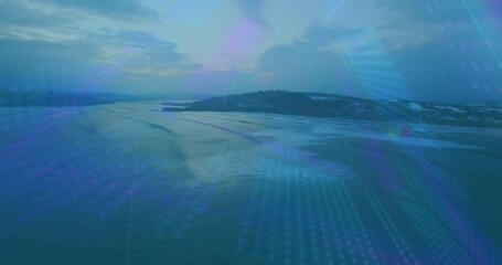 Ocean waves and island landscape with digital data processing animation overlay - Powered by Adobe