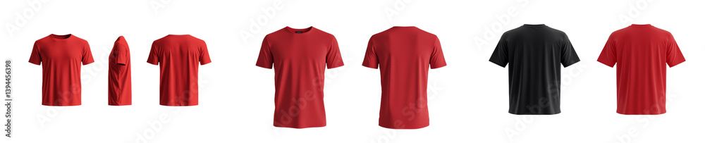Poster Minimalist mockups of red and black t-shirts showcasing various angles and folding styles for design presentations