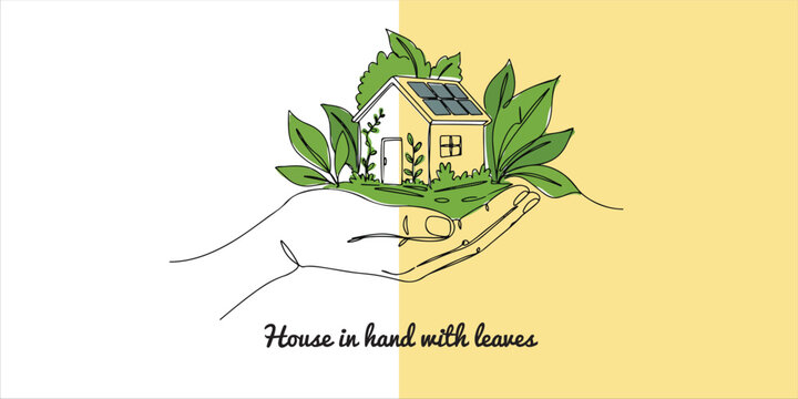 A house rests gently in an open hand, adorned with vibrant green leaves, symbolizing the concept of eco friendly living. This imagery represents sustainability, harmony with nature, and the commitment