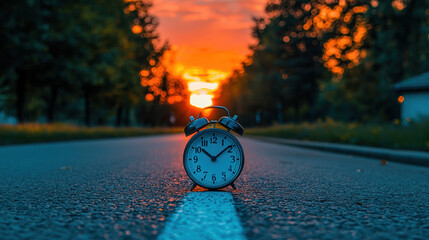A classic twin bell alarm clock sits in the middle of a road at sunset with trees and a house in the background creating a beautiful and serene scene.