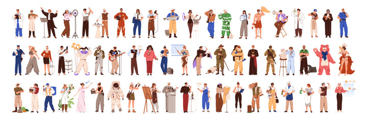Set of professions. Happy people with various job, occupation. Different workers: chef, farmer, doctor, policeman, teacher, veterinarian, pilot. Flat isolated vector illustrations on white background