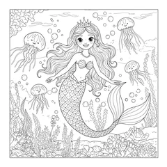 Elegant mermaid with long wavy hair swimming among fish, jellyfish, and coral reefs in a fantasy underwater world, drawn as a detailed coloring page for creative kids