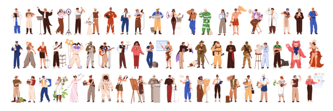 Set of professions. Happy people with various job, occupation. Different workers: chef, farmer, doctor, policeman, teacher, veterinarian, pilot. Flat isolated vector illustrations on white background