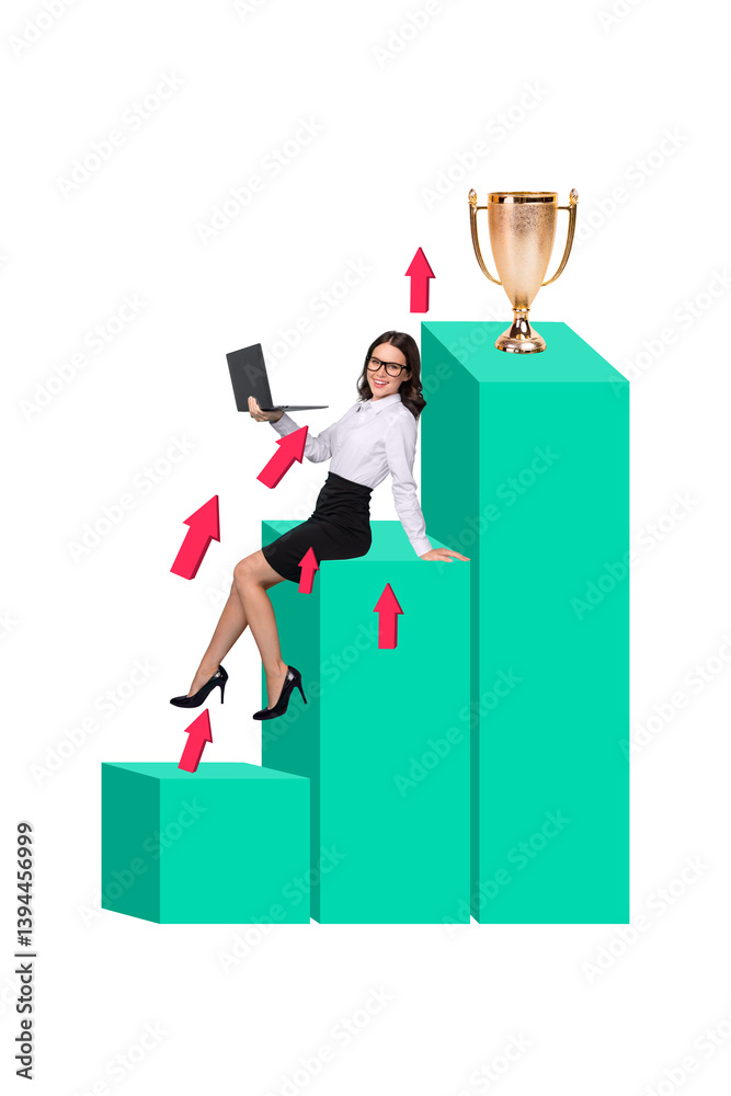 Poster magazine template collage image of young lady manager working netbook for start up financial increas