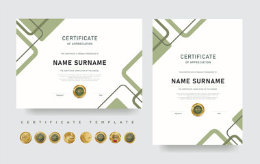 Certificate of appreciation template with modern green design. Editable vector layout with luxury award badges. Suitable for professional recognition, achievement, or course completion.