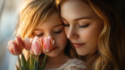 Fototapeta premium A tender moment between a mother and daughter, sharing love and warmth while holding a bouquet of pink tulips.