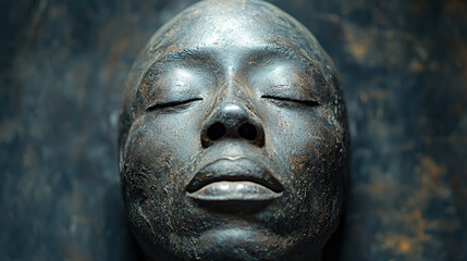 A close-up shot reveals a meticulously crafted bronze sculpture of a serene female face, its surface textured and bea the marks of time and artistry, lying peacefully on a dark