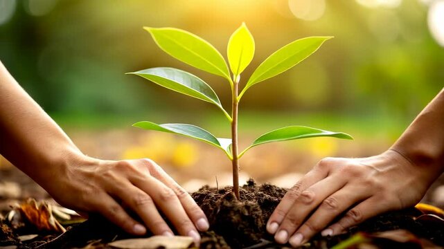 Pair of hands planting young sapling in soil, symbolizing growth, environment care, and conservation efforts.