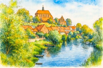 Naklejka premium Havelberg cathedral view aquarell havelland