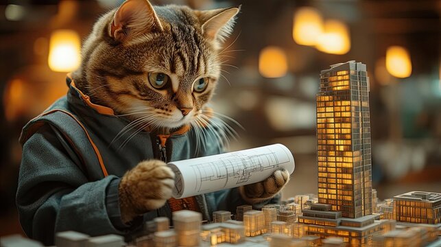 Cat inspecting a miniature city model.