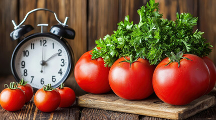 A classic black alarm clock sits beside ripe red tomatoes and fresh parsley on a rustic wooden surface suggesting healthy eating and time management.
