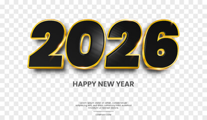 Luxurious 3D "2026" Happy New Year text in black with golden outline and sparkle effects, isolated on transparent background.
