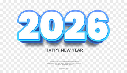 Bold 3D "2026" Happy New Year text with blue gradient outline and transparent background, perfect for celebration design templates.